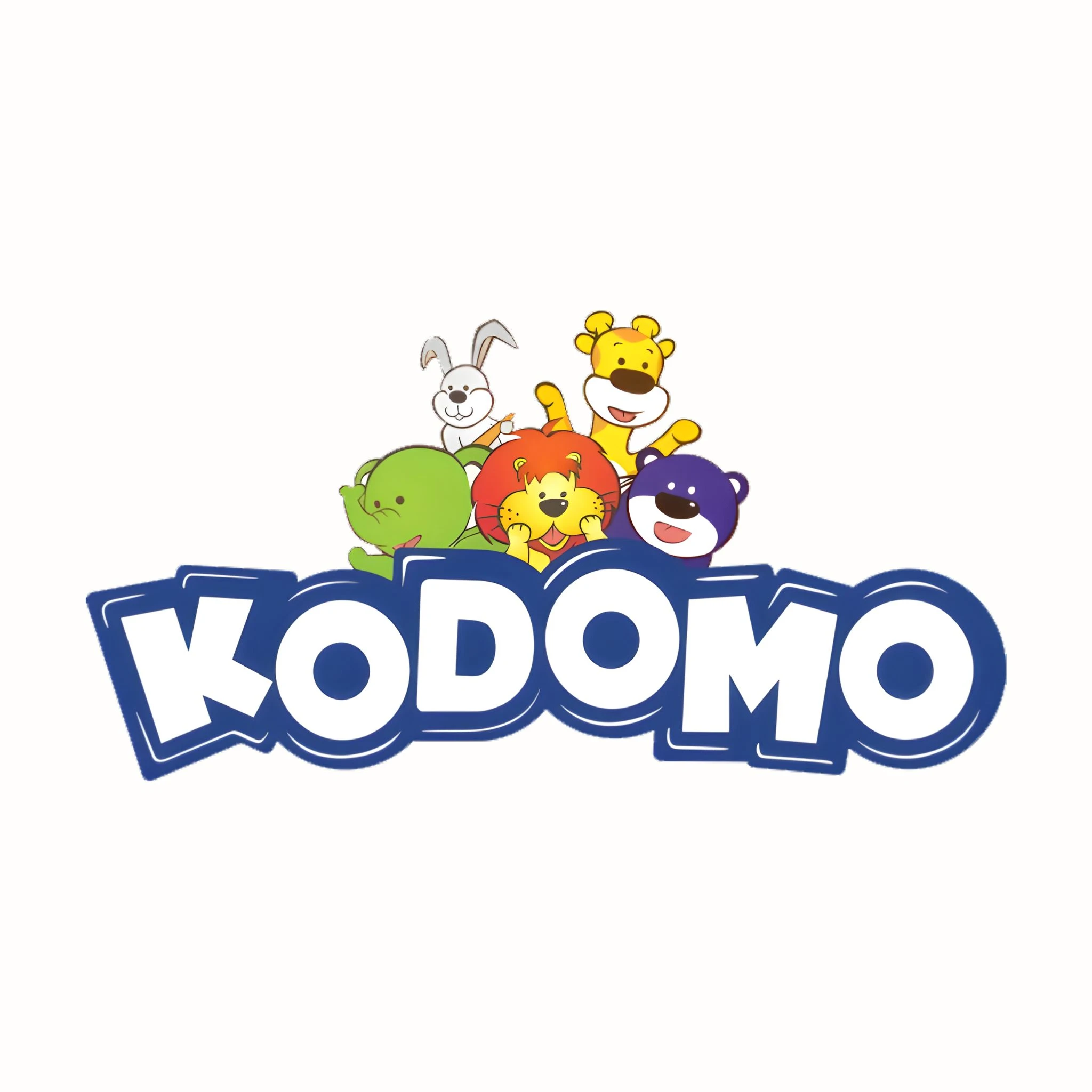 Kodomo kids care brand logo with colorful cartoon animals above the blue Kodomo text
